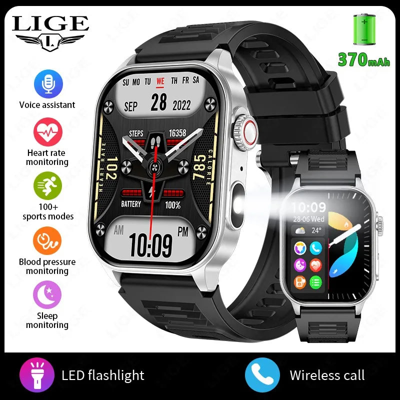 LIGE New Men Smart Watch Flashlight 2.01" HD Large Screen AI Voice Bluetooth Call Sport Watches Health Monitor Smartwatch Women
