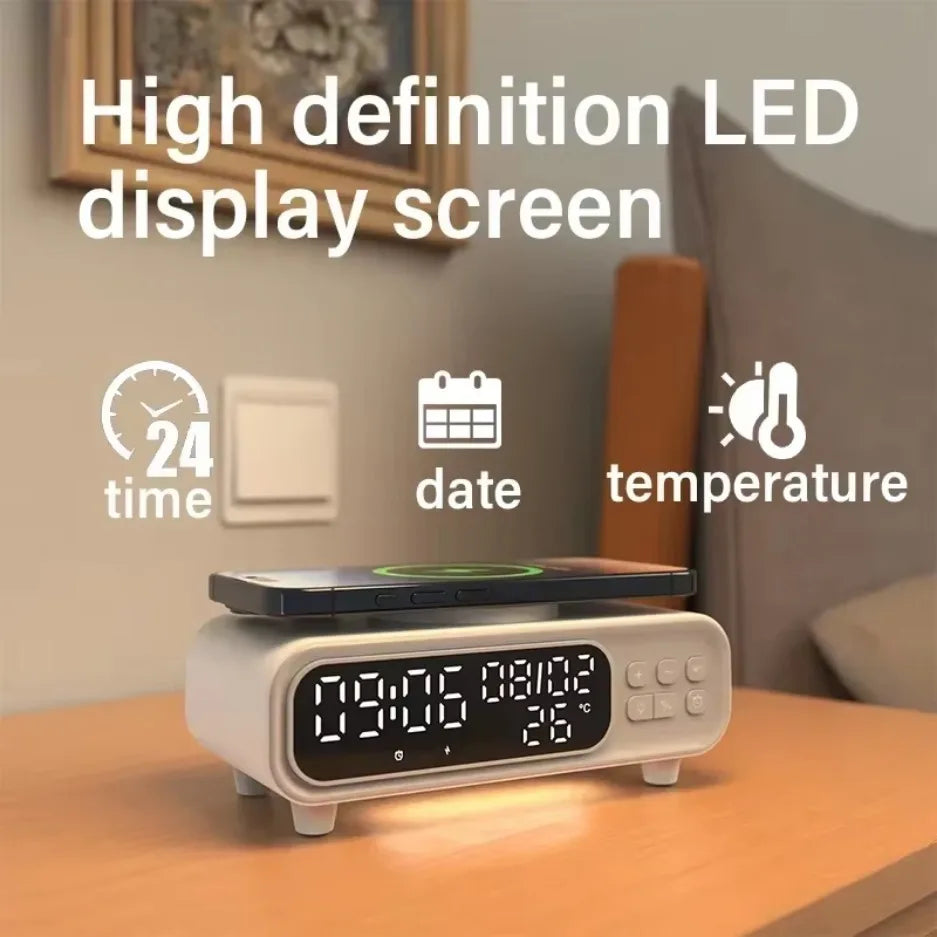 Wireless Charger Time Alarm Clock LED Night Light Thermometer Earphone Phone Chargers Fast Charging Dock Station For iPhone