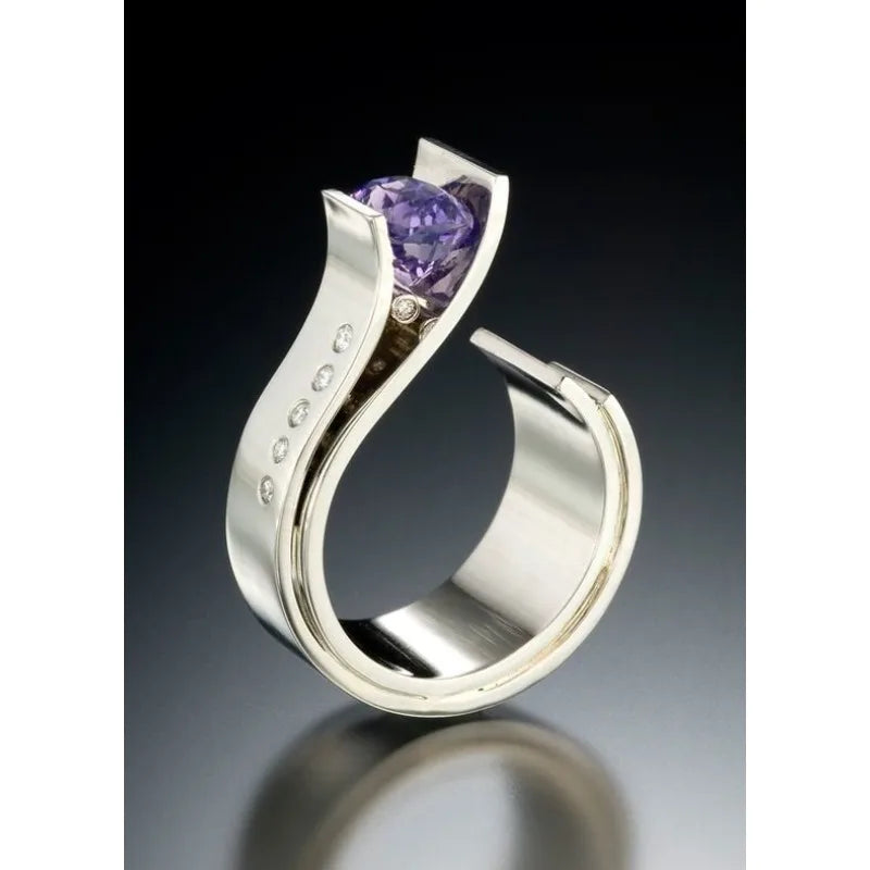 Vintage Silver Color Rings for Women Trendy Round Inlaid with Pueple Stone Personalized Creativity Party Rings Jewelry