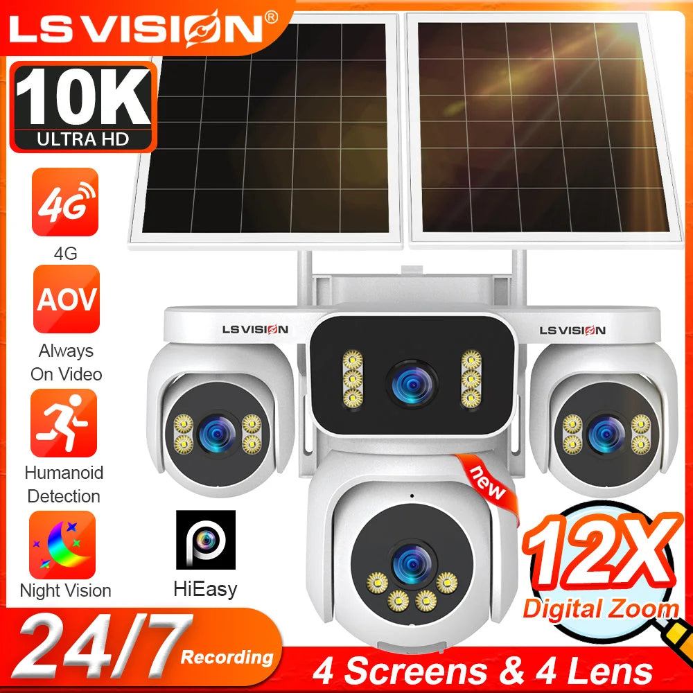 LS VISION 10K AOV 4G LTE Solar Camera Outdoor Security Camera 12X Zoom 24/7 AOV Recording Four Lens Auto Tracking Human Motion