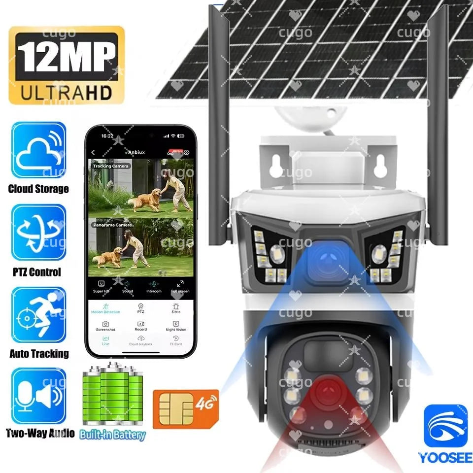 4G WiFi Solar Camera Dual Lenses Outdoor 12MP 6K Low Power Battery IP Camera PIR Night Vision CCTV Security Protection Yoosee