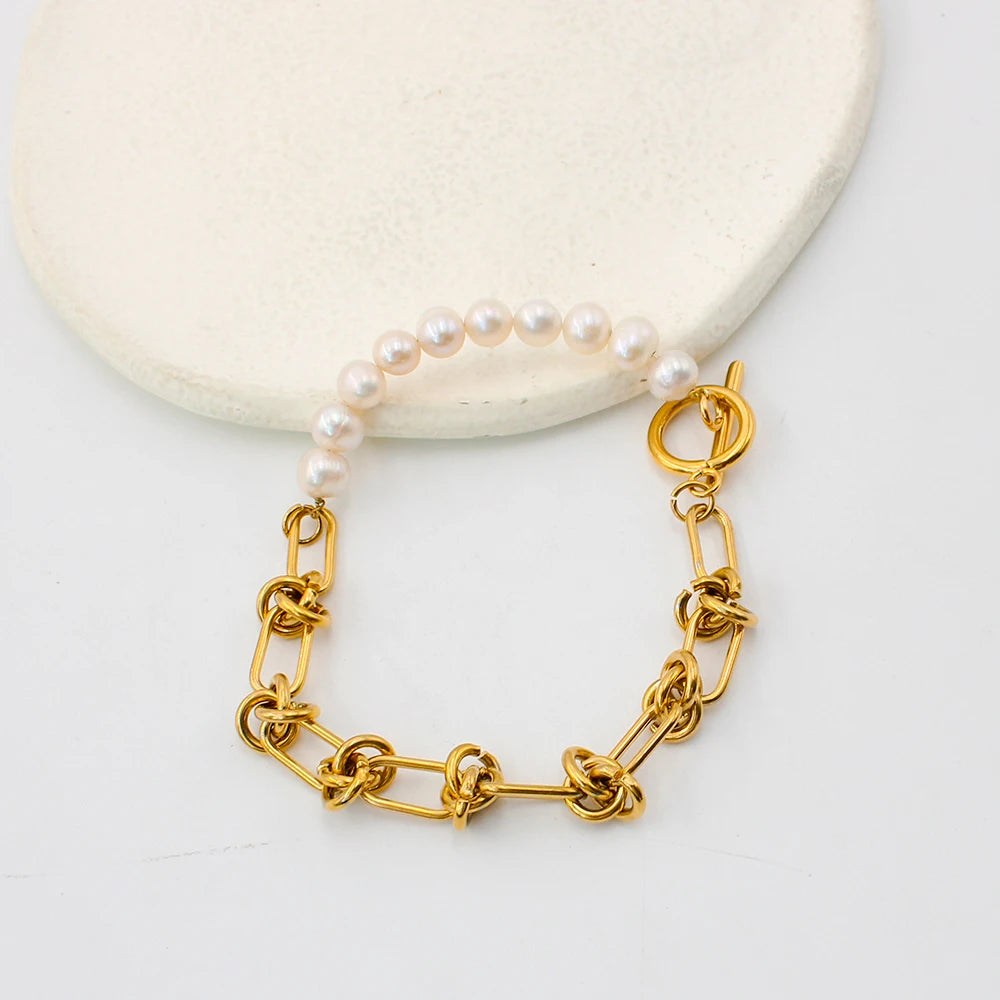 New Fashion Half Pearl Half Link Chain Necklace Bracelet Women Aestethic Luxurious Jewelry Gift