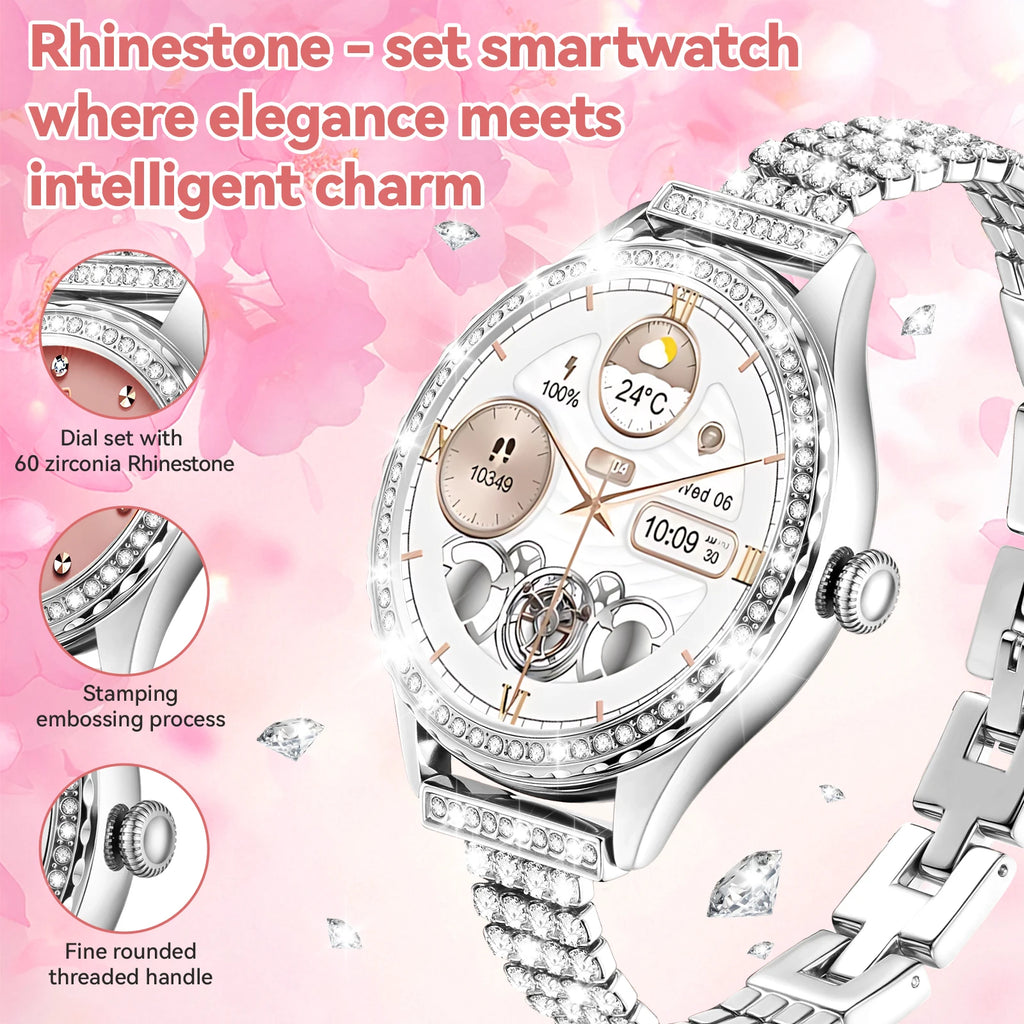 smartwatch for women supports wireless calls, over 100 sports modes and fitness tracking. It features music contr