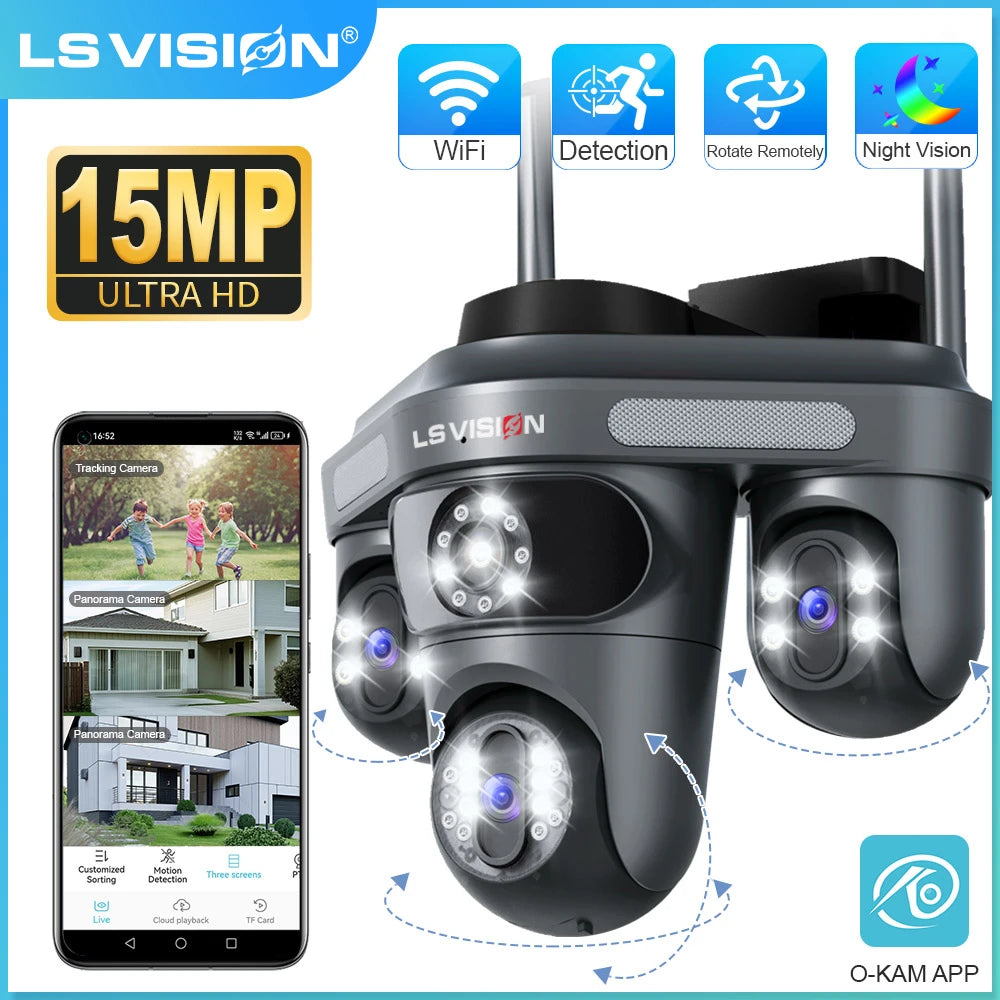 LS VISION 15MP Wifi surveillance Cameras 3 Screens 3 Lens Electric Rotation Outdoor WIFI IP Camera Human Auto Tracking CCTV Cam
