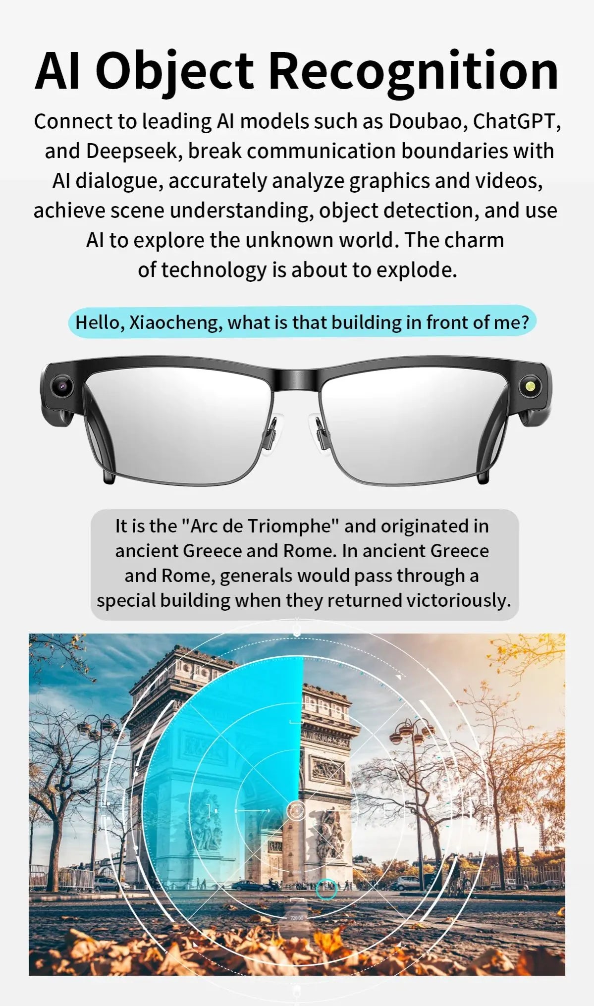 Smart Glasses with HD Camera 1200P Anti-shake Video Record Real-time Translation Object Recognition Bluetooth Call Smart Glasses