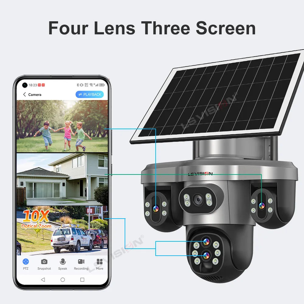 LS VISION 10X Optical Zoom Three Screens Outdoor Surveillance Camera 4g Security Wifi 3 PTZ LENS Cctv Automatic Tracking V380