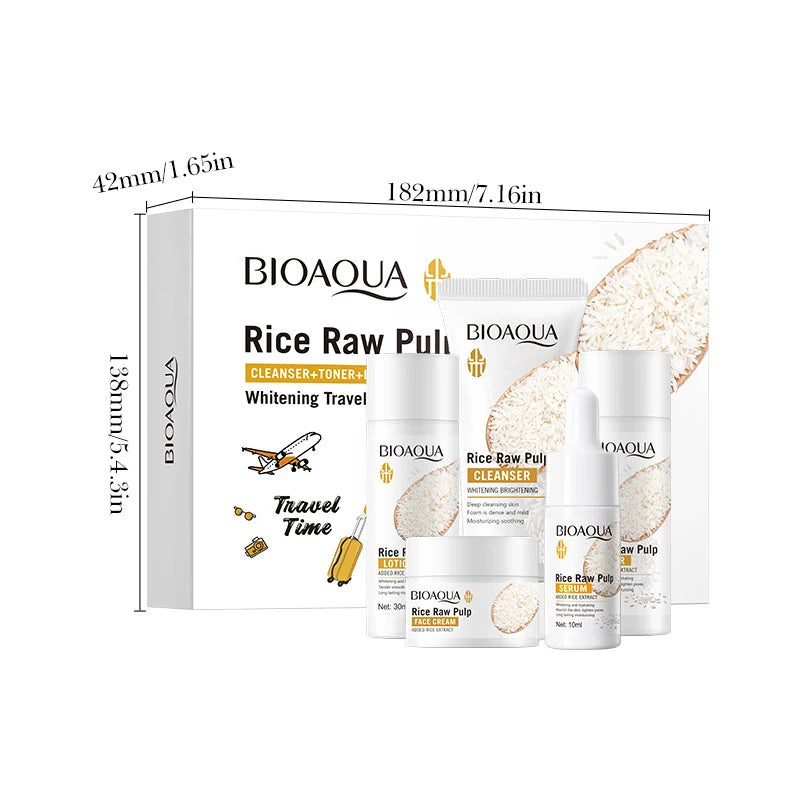 BIOAOUA Rice Milk Travel Kit Whitening Skin Care Facial Cleanser + Toner + Serum + Lotion + Face Cream Brightening Skin Care