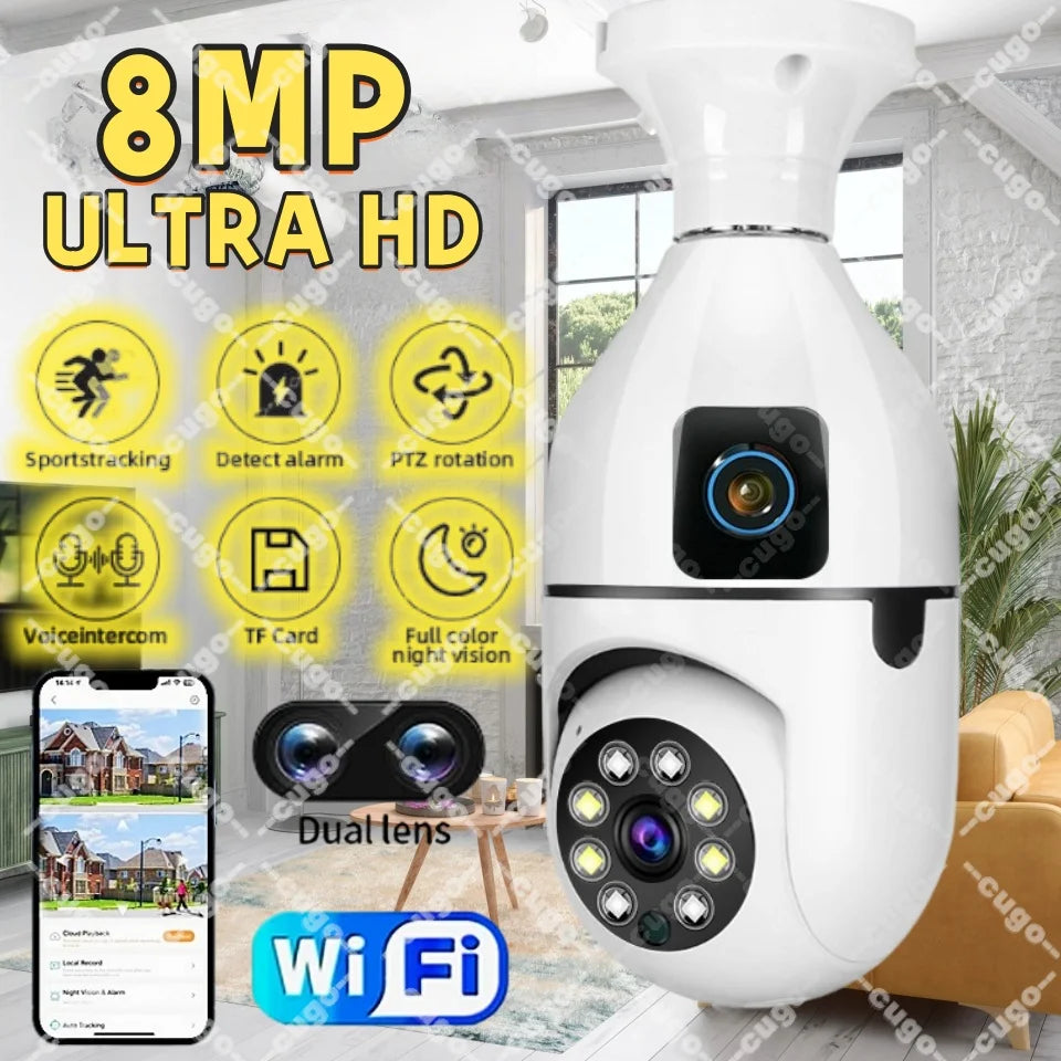 8MP E27 WIFI Camera Dual-Lens Bulb Camera 360° Zero Blind Spot Color+IR Night Vision  AI Human Detection 2-Way Audio Voice Alarm
