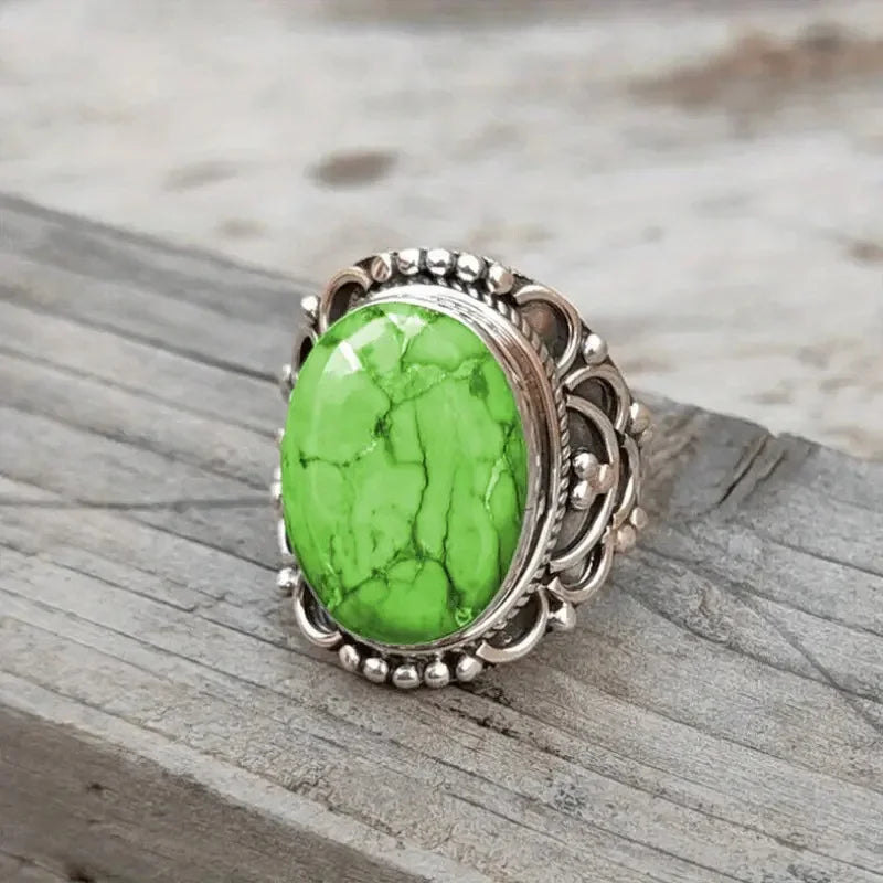 Vintage Peridot Quartz Glass Filled Rings for Women Flower Pattern Ring Fashion Creative Design Handmade Wedding Party Jewelry