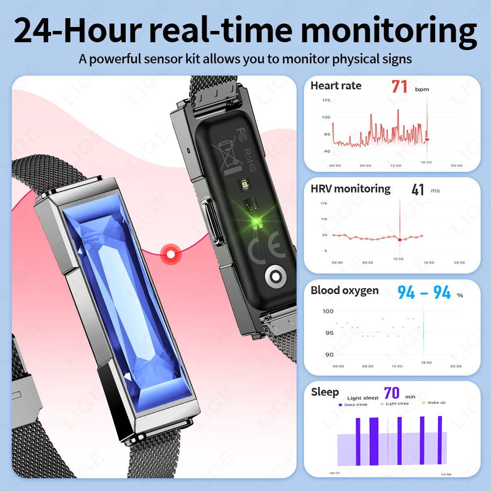 LIGE Smart Chain Bracelet For Women Bluetooth Connected APP Sports Heart Rate Blood Oxygen Sleep Monitor Ladies Smart Bracelet