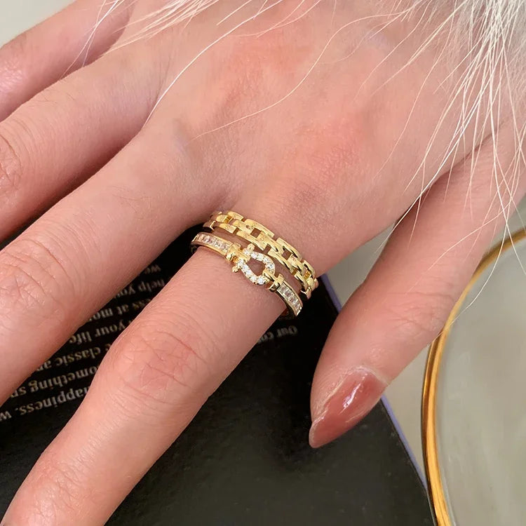 14K gold plated 2023 Korean new fashion jewelry double-layer zircon cross ring elegant women's opening daily work accessories