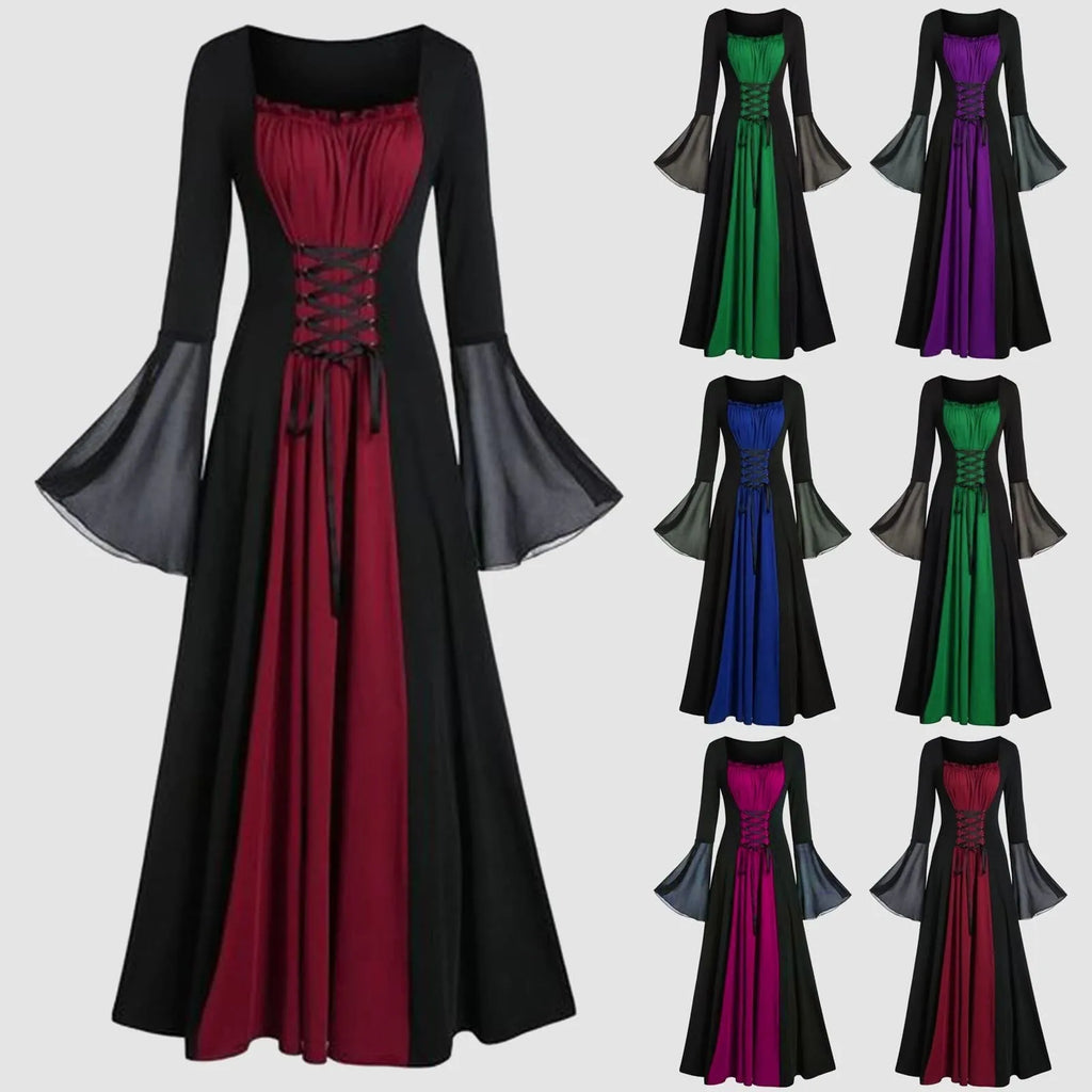 Halloween Medieval Dresses For Women Costumes Trumpet Sleeves Gothic Retro Gown Strap High Waist Cosplay Dress Dress Up Party