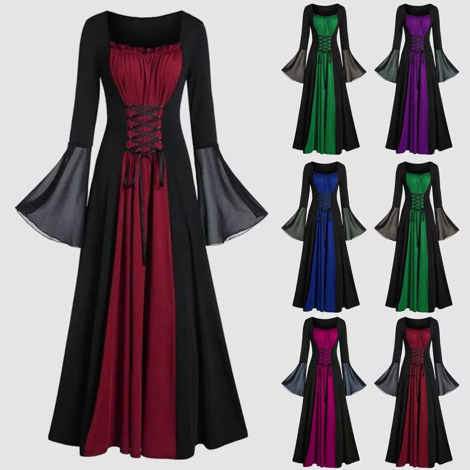 Halloween Medieval Dresses For Women Costumes Trumpet Sleeves Gothic Retro Gown Strap High Waist Cosplay Dress Dress Up Party
