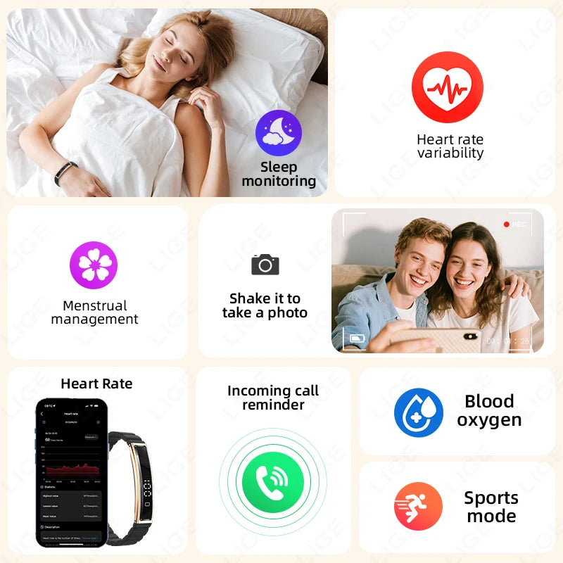 LIGE New Fashion Women Smart Bracelet Sport Mode Fitness Tracker Heart Rate Health Monitoring IP68 Waterproof Smart Watch Men
