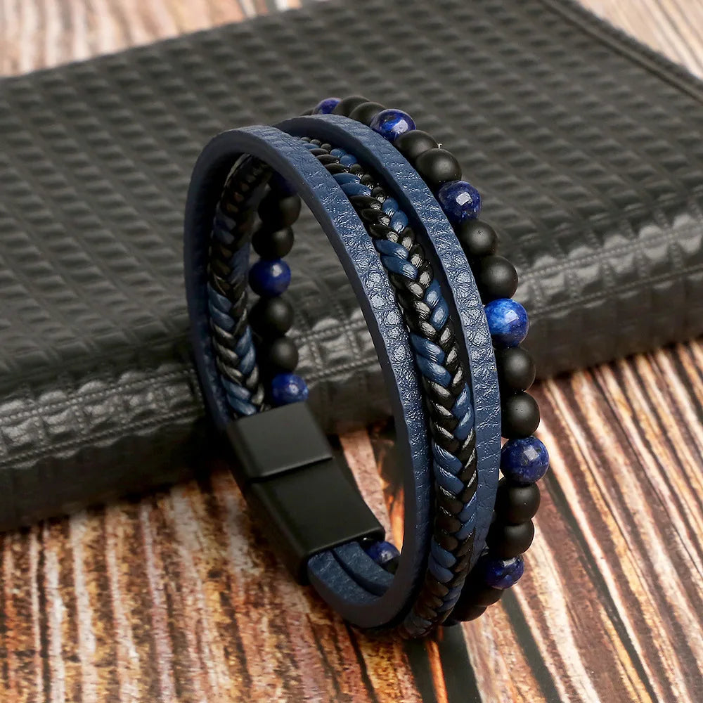 New Vintage Leather Handwoven Rope Bracelet Leather Beaded Magnetic Buckle Men's Bracelet Fashion Jewelry Wholesale