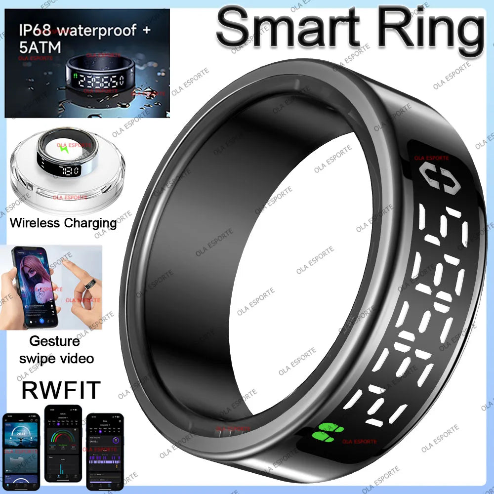 Smart Ring with Display Screen and Touch, Wireless Charging, Health Manager, Multiple Sport Mode, 5 ATM Waterproof For Men Women