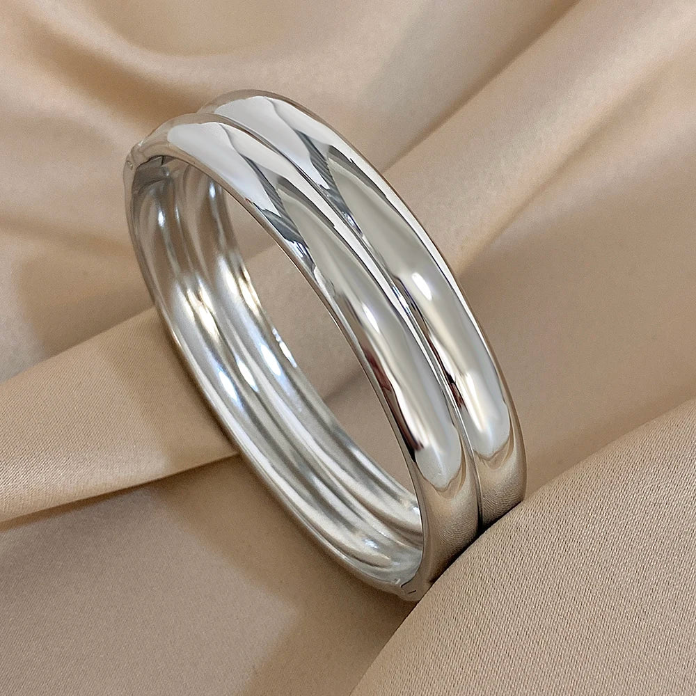 Glossy Gold Plated Stainless Steel Bangle Bracelets for Women Minimalist Doublelayer Circle Cuff Bracelet Waterproof Jewelry