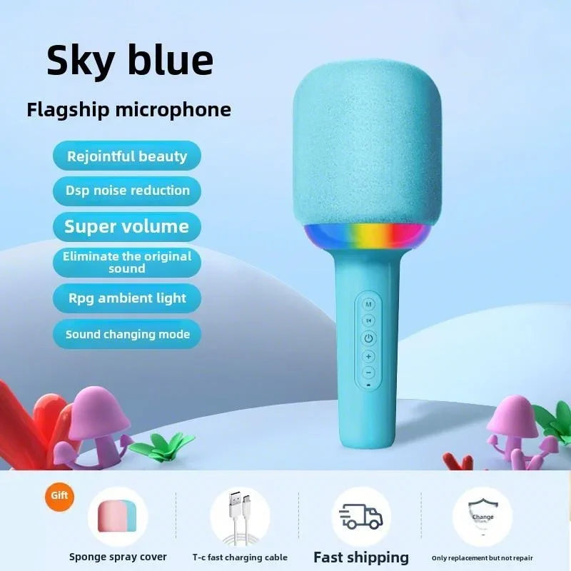 Portable Speaker Microphone Combo, Lightweight & Colorful Atmosphere Light, Four Vocoder Effects, Ideal for Family Singing Fun