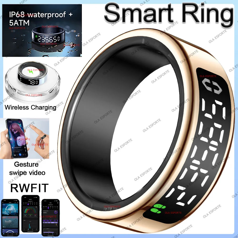 Smart Ring with Display Screen and Touch, Wireless Charging, Health Manager, Multiple Sport Mode, 5 ATM Waterproof For Men Women