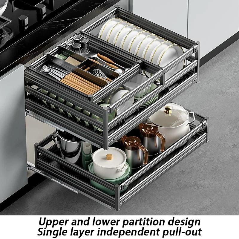 Pull Out Kitchens Cabinets Baskets Drawer Style Bowl Dish Storage Baskets Organization Three Layers Kitchens Shelf Thicken