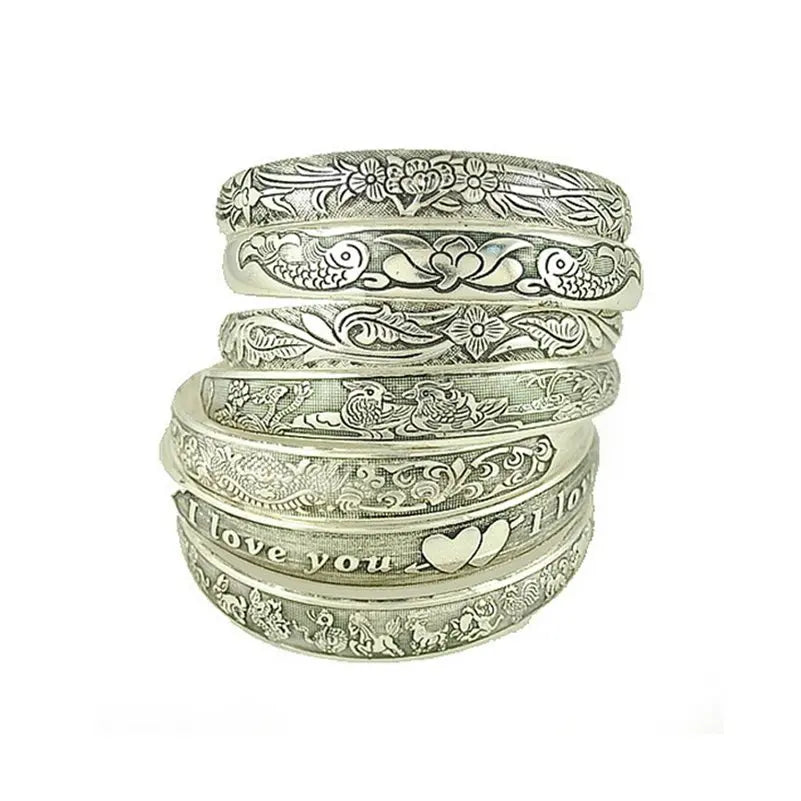 New Retro Cuff Bracelets Tibetan Silver Metal Carving Fish Elephant Flower Bangles Vintage Gypsy Jewelry Female Gifts