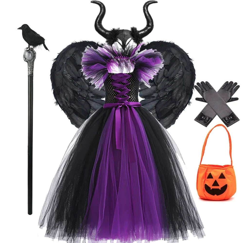 Halloween Costume Kids Maleficent Cosplay Dress Children Disguise Outfits Girls Ceremonial Luxury Floor Length Elegant Gown