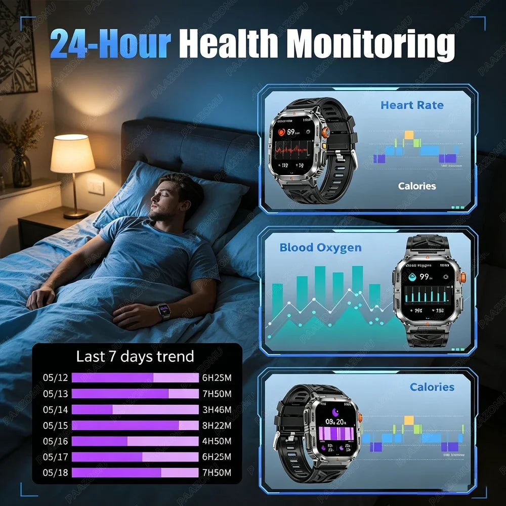 Outdoor Smart Watch for Men 1200mAh Battery LED Flashlight BT Calls Heart Rate 100+ Sports Modes Fitness Tracker for Android/iOS