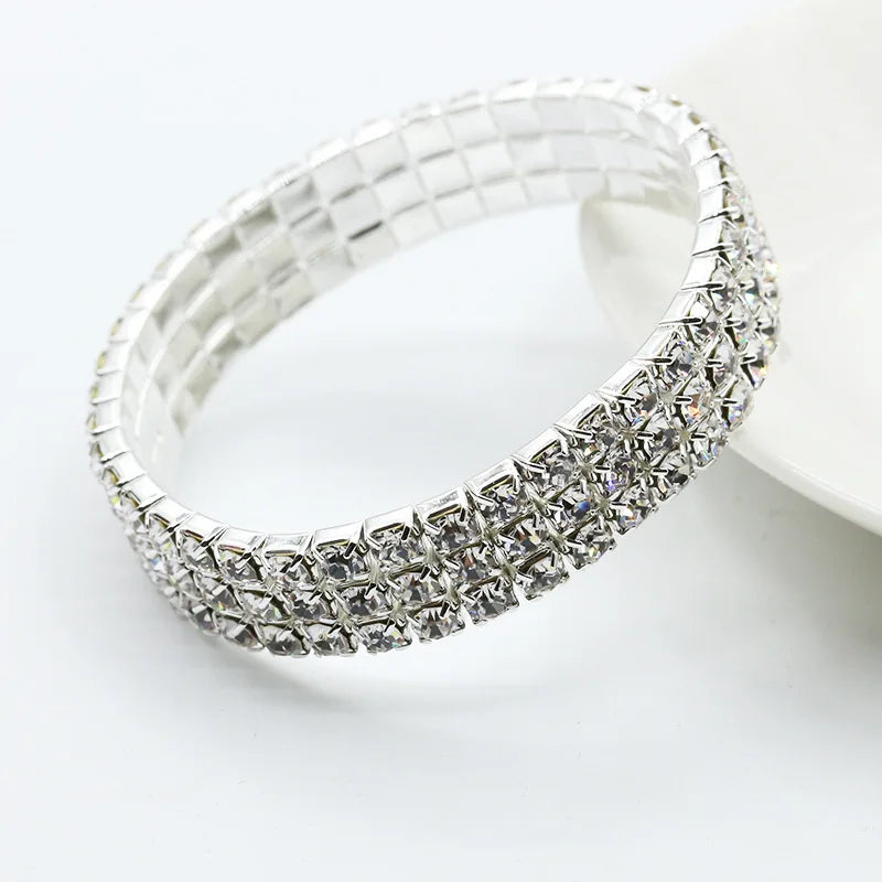 1-5 Rows Rhinestones Crystal Stretch Bracelet Round Cubic Zirconia Tennis Bracelet Silver Color Women Wristband Elastic Bangles