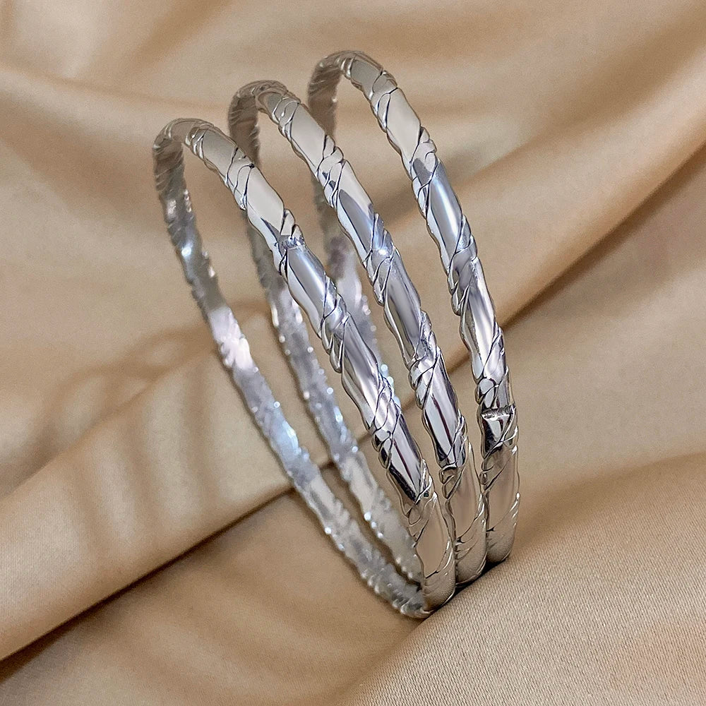 3pcs Gold Plated Twist Stainless Steel Bangle Bracelet for Women Tibetan Buddha Stacked Wristband Bracelets Waterproof Jewelry