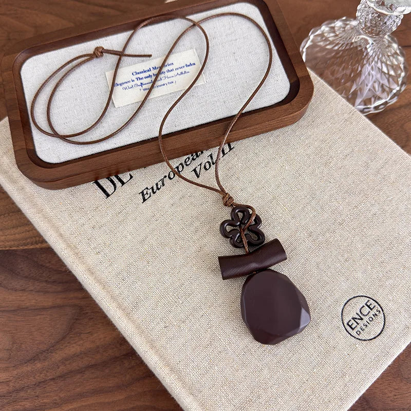 Fashion Women Necklace New Chinese Retro Long Hollow Wooden Pendant Unique Design Elegant Stylish Chain For Ladies