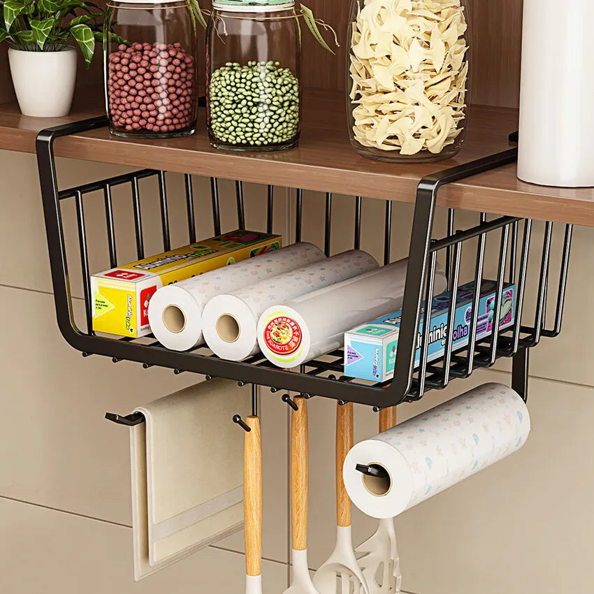 Kitchen Under Cabinet Basket Storage Shelf Tissue Cup Holder Closet Desk Hanging Rack Hollowed Pullout Drawer Sliding Basket