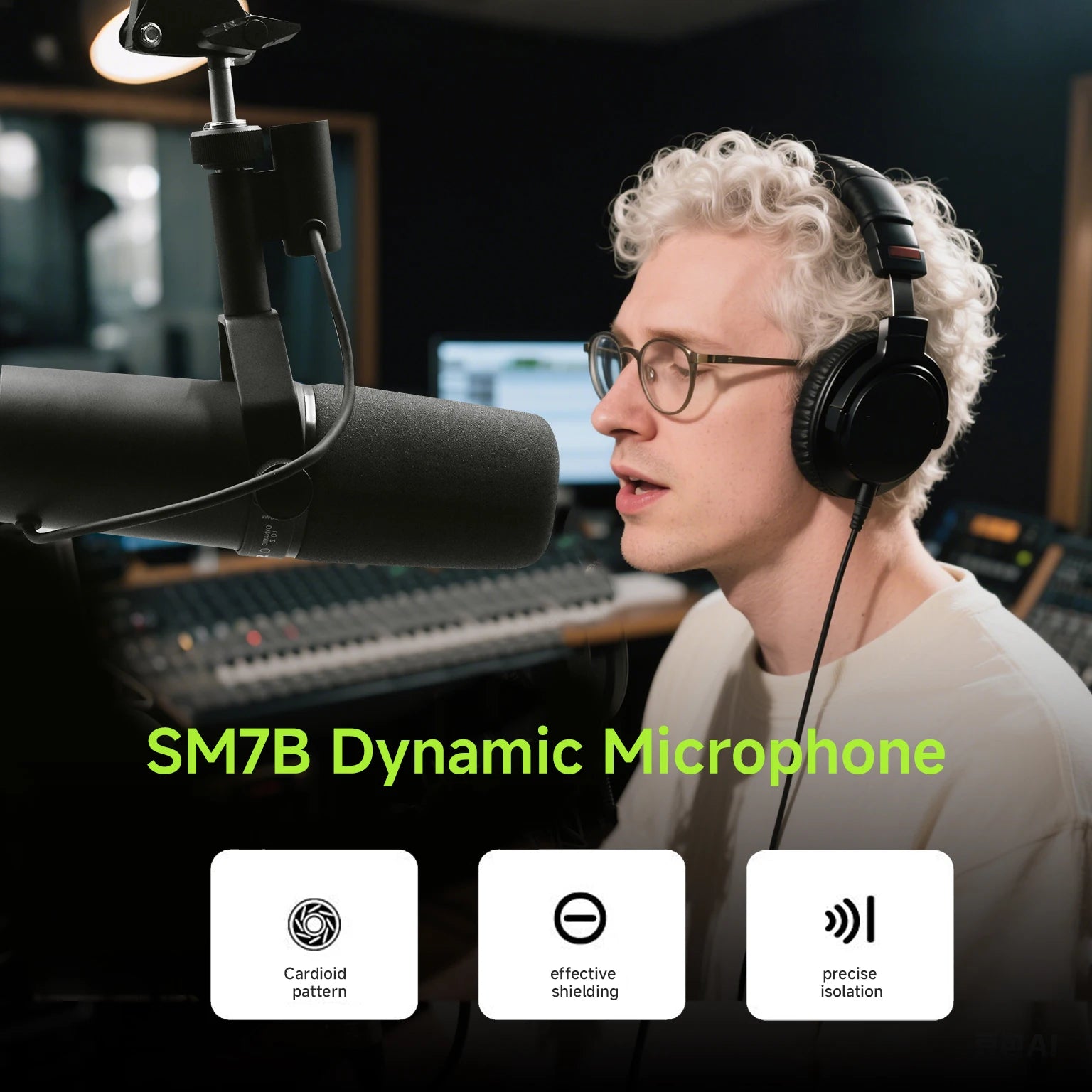 SM7B Cardioid Dynamic Microphone for Studio Recording Podcasting with Smooth Audio Response and  Black Metal Mic