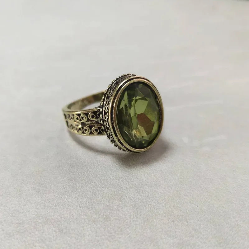 Vintage Peridot Quartz Glass Filled Rings for Women Flower Pattern Ring Fashion Creative Design Handmade Wedding Party Jewelry