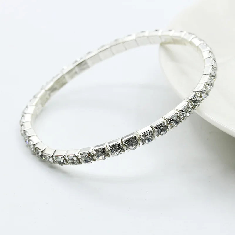 1-5 Rows Rhinestones Crystal Stretch Bracelet Round Cubic Zirconia Tennis Bracelet Silver Color Women Wristband Elastic Bangles