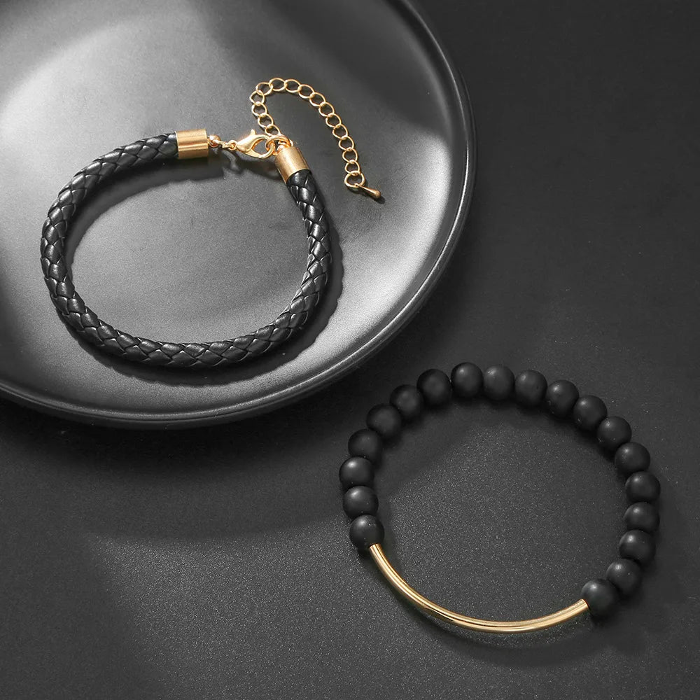 New Leather Woven Bracelet Men's Punk Handmade Black Frosted Bead Bracelet Bracelet 2 Set Bracelet