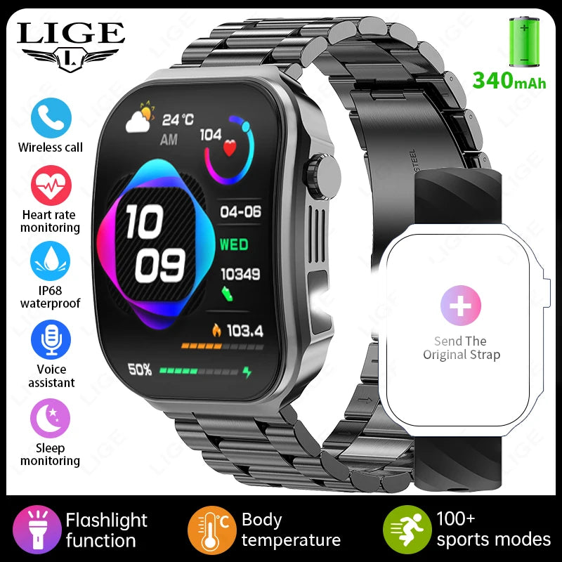 LIGE New 2.2 inch 3D curved Screen Smart Watch Men Bluetooth Call Flashlight 100+Sports Mode Man Watch Waterproof Men Smartwatch