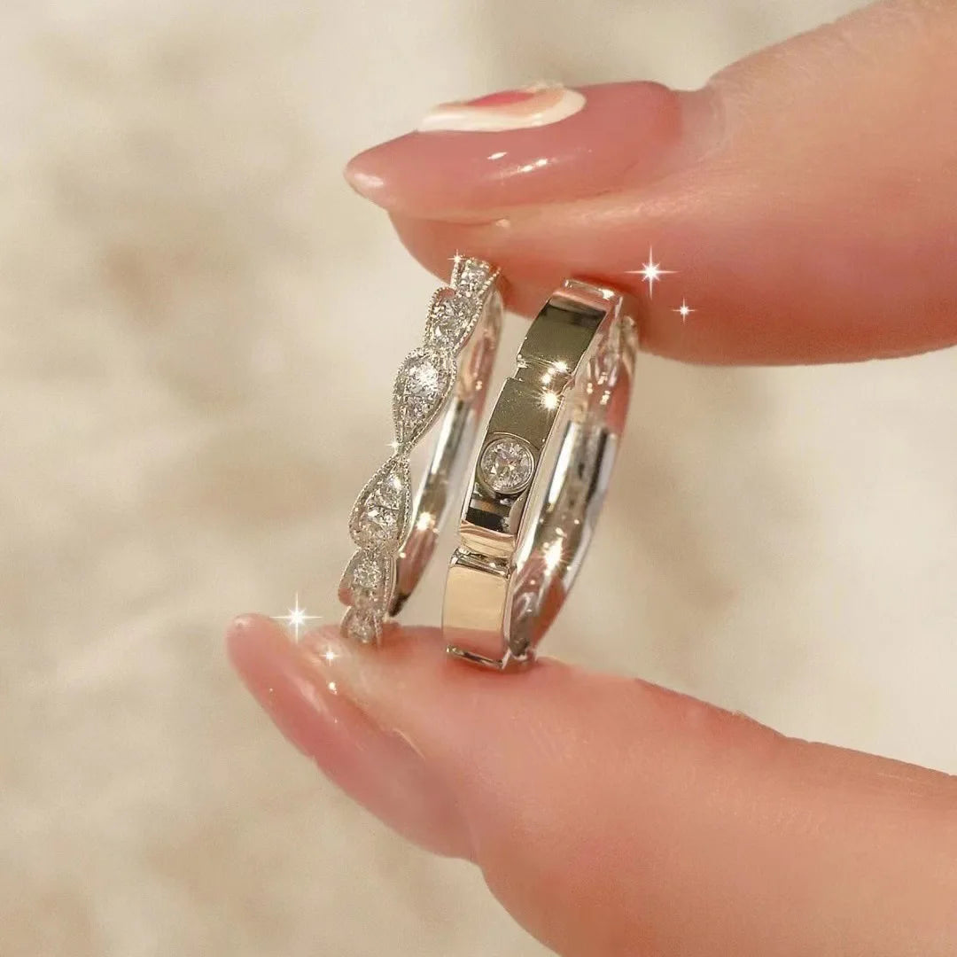 1/2pcs Silver Color Shiny Zircon Matching Couple Rings Luxury Delicate Wedding Rings Set for Women Men Charm Jewelry Accessories