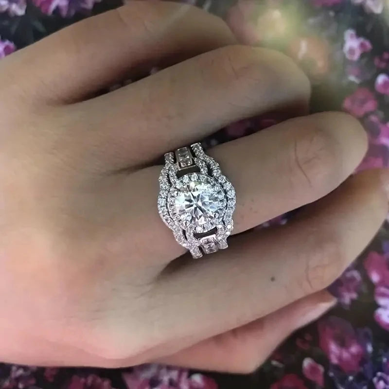 Exquisite Fashion Silver Color Inlaid with White Zircon Engagement Rings Luxury Elegant Wedding Rings Set Women Jewelry