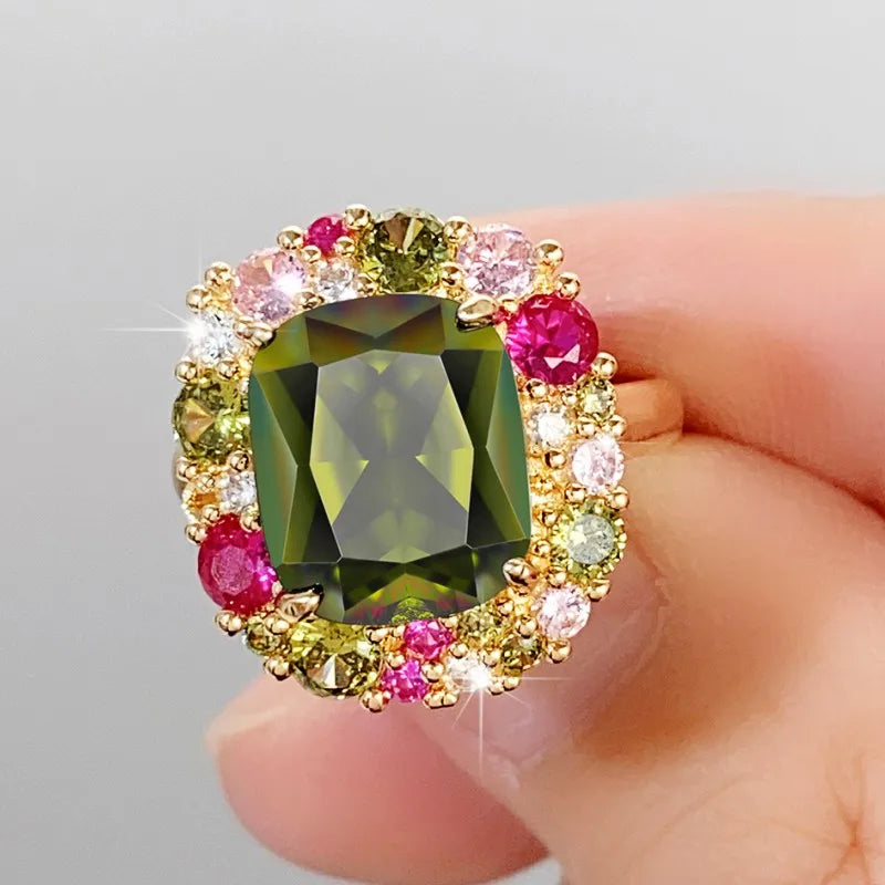 Huitan Newly Colorful Green Cubic Zirconia Rings for Women Special-interested Wedding Party Gorgeous Accessories Female Jewelry