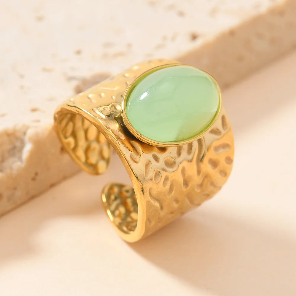 Fashion Stainless Steel Round Natural Stone Green Turquoise Malachite Geometric Ring Women Bohemian Vintage Jewelry