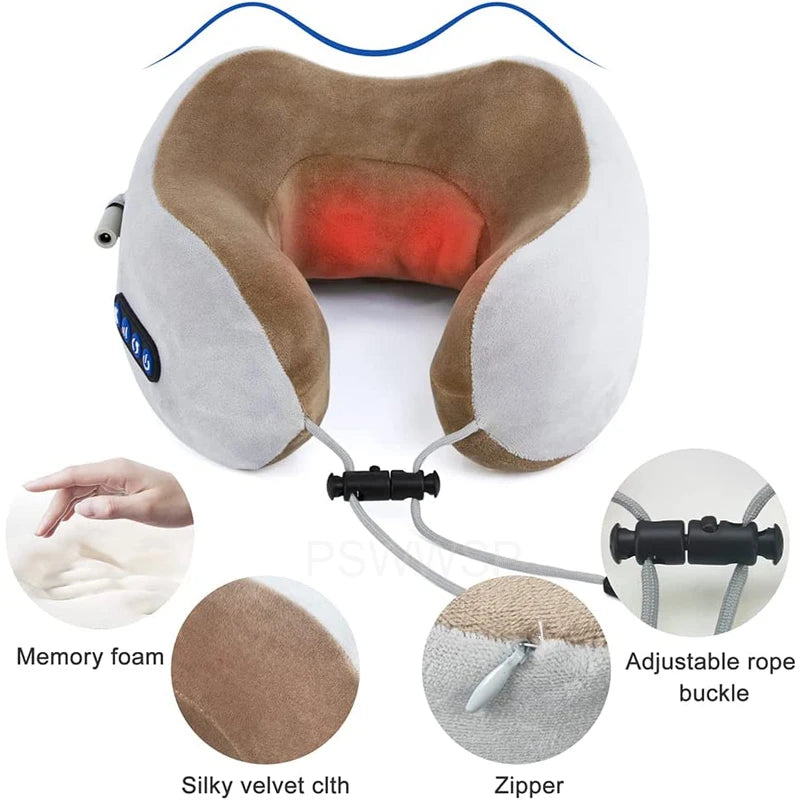 Electric U Shaped Massage Pillow Heated Neck Massager Memory Foam Soft Sleeping Travel Airplane Pillow Cervical Health Care Tool