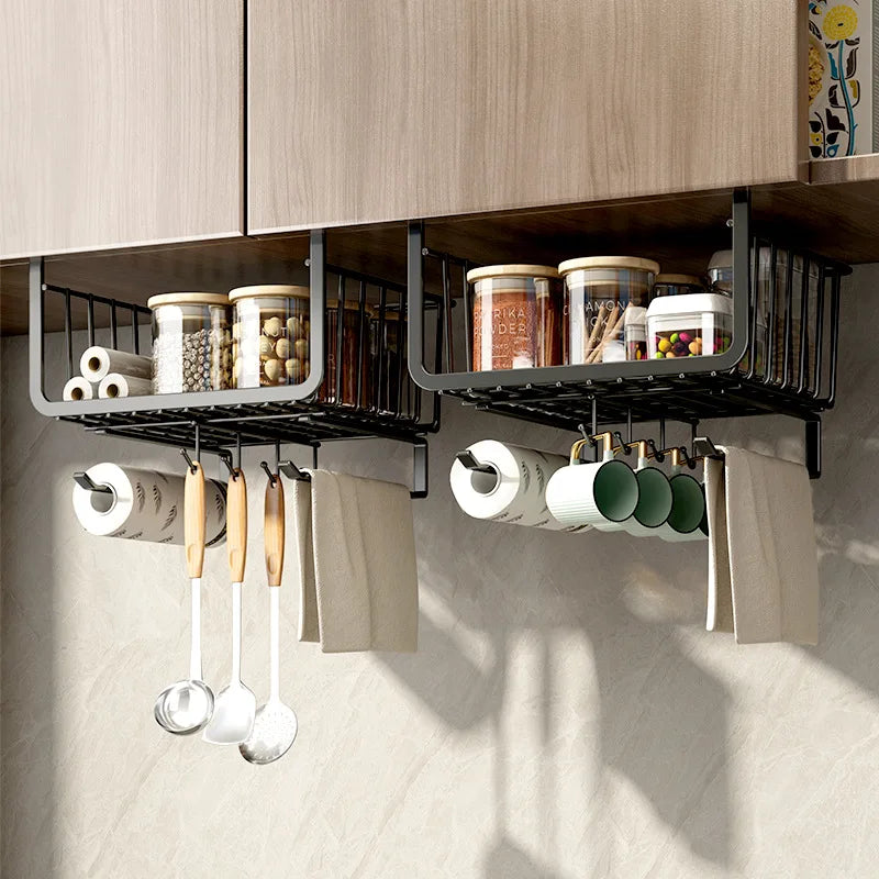 Kitchen Under Cabinet Basket Storage Shelf Tissue Cup Holder Closet Desk Hanging Rack Hollowed Pullout Drawer Sliding Basket