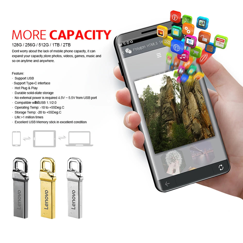 Original Lenovo USB Flash Drive 2TB USB 3.0 Waterproof High Speed Pen Drive Portable SSD 512GB Metal Pendrive U Disk USB Memory