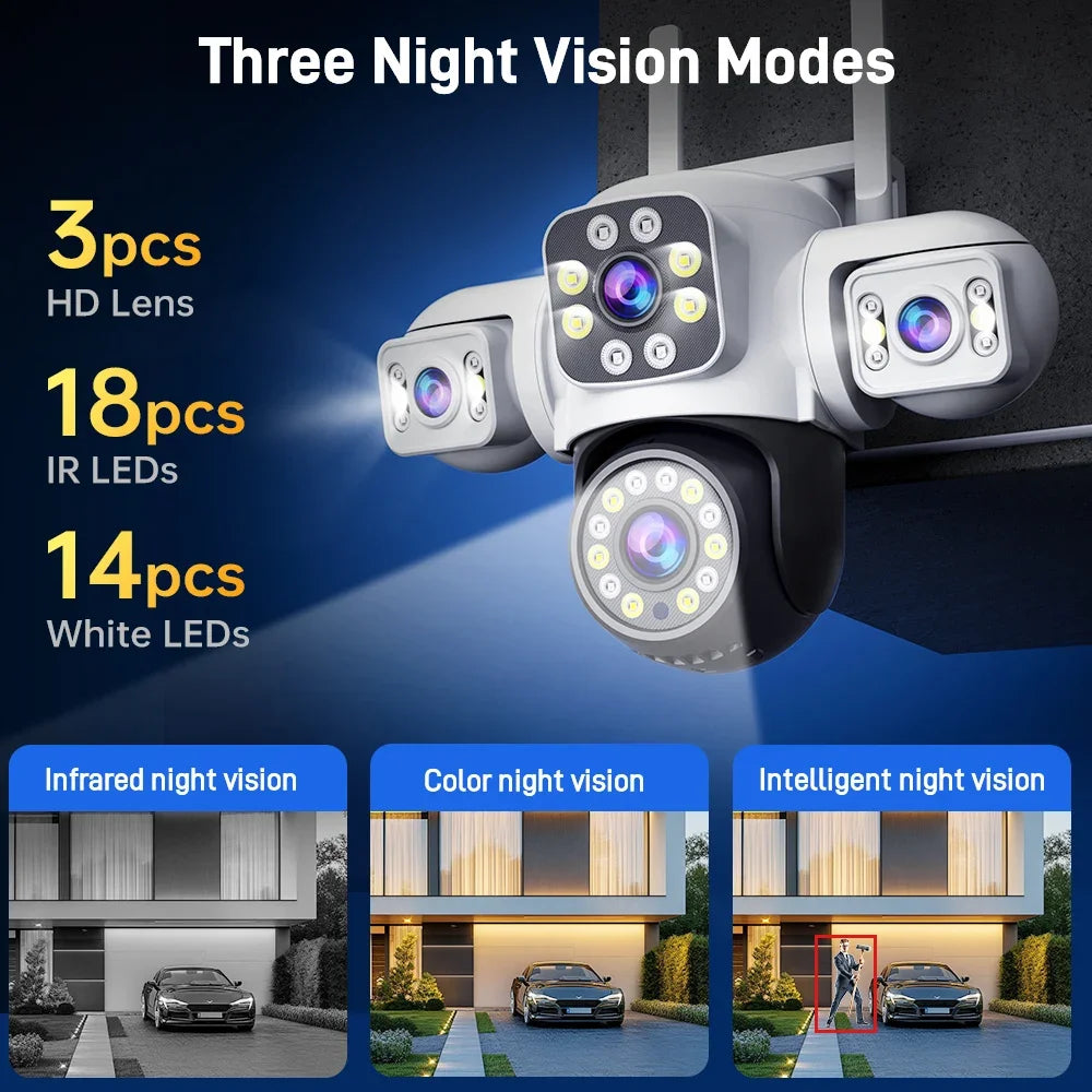 ANSVICAM 6K 12MP Triple Screen Triple Lens Outdoor WiFi PTZ 360° IP66 Yoosee CCTV Surveillance Camera for Complete Security