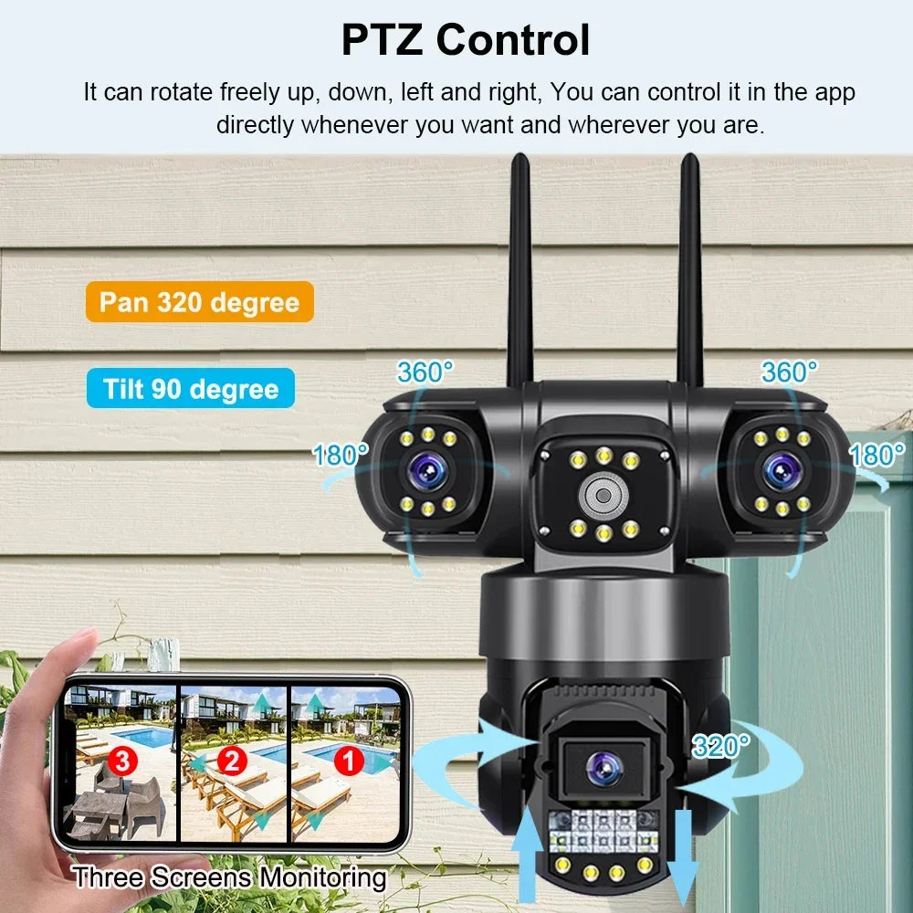 WiFi IP Camera 10X Zoom 3 Lens Three Screens Outdoor CCTV Video Surveillance Auto Tracking 12MP PTZ Home Security Camera