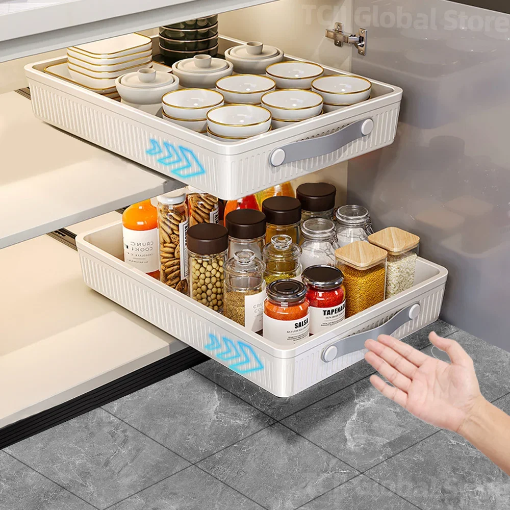Kitchen Sliding Cabinet Shelf with Slide Rails Drawer Pull Out Storage Tray Spice Rack Bowl Dish Shelf Pantry Kitchen Organizer