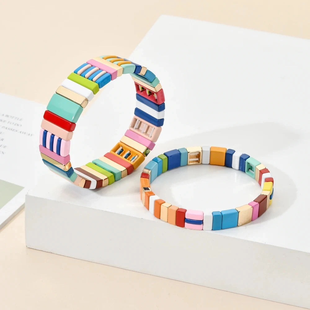 2024 New Fashion Enamel Bracelets Sets For Women Colorful Boho Hand Accessory Beaded Elastic Bangle