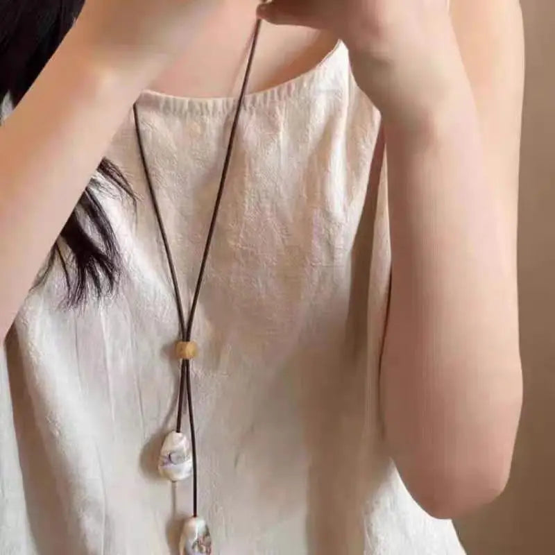 Long Oval Pendant Necklace New Chinese Style Simple Vintage Zen Fashion Design Jewelry Accessory