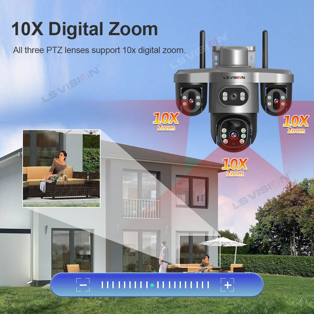 LS VISION 15MP 4G/WiFi Solar Camera Three Screens 10X Zoom Outdoor Surveillance Cameras Security PTZ PIR Night Vision CCTV V380