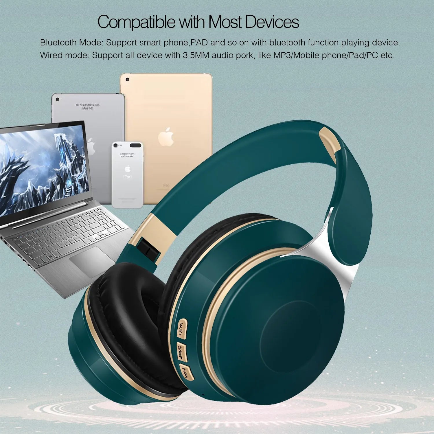 Earphones Wireless Bluetooth Headphones Stereo Headband with SD Card Slot And Mic for Android IOS Tablet - Student Gift